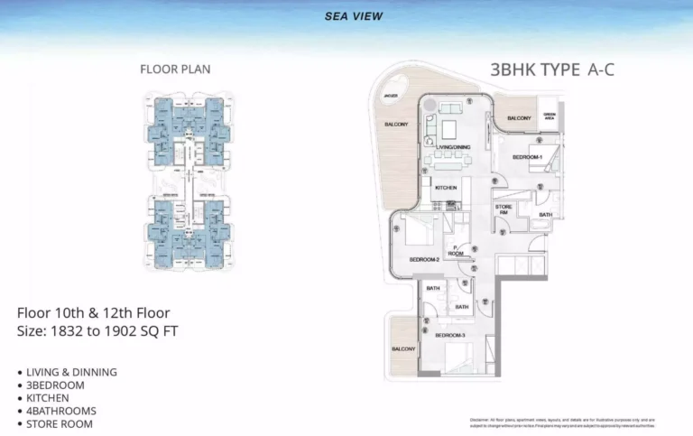 Treppan Serenique Residences floor plan 3-спальн. · 1832 sqft