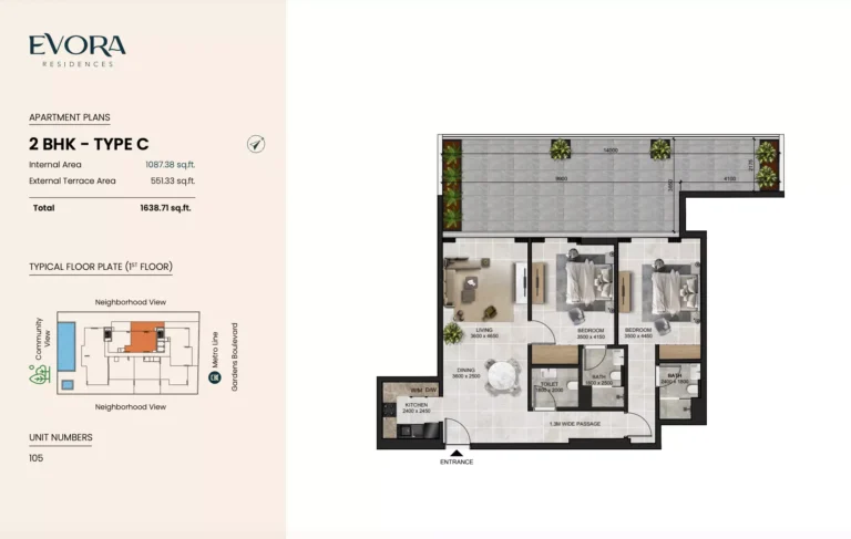 Evora Residence floor plan 2 BR · 1638 sqft
