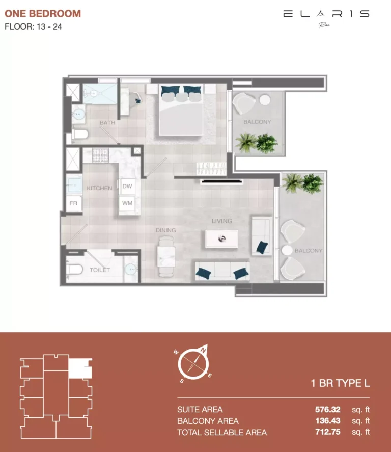 Elaris Rise floor plan 1-спальн. · 713 sqft