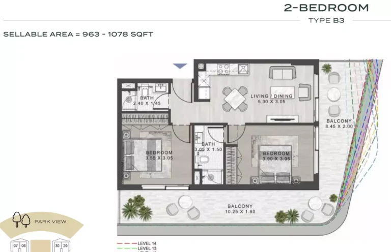 Elo 3 floor plan 2-спальн. · 963 sqft