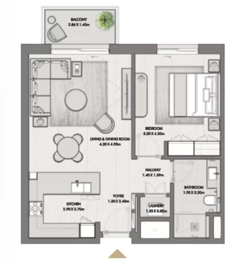 Riwa floor plan 1-спальн. · 742 sqft