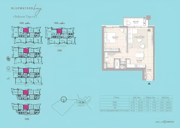 Bluewaters Bay floor plan 1-спальн. · 801 sqft