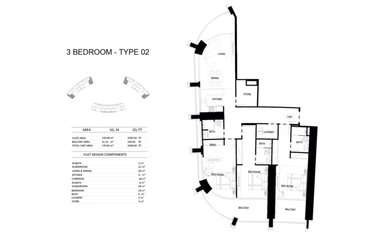Binghatti Skyrise floor plan 3 BR · 1838 sqft