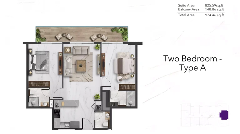 Amethyst by Siroya floor plan 2-спальн. · 974 sqft