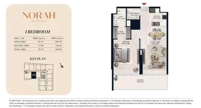 Norah Residence floor plan 1 BR · 840 sqft