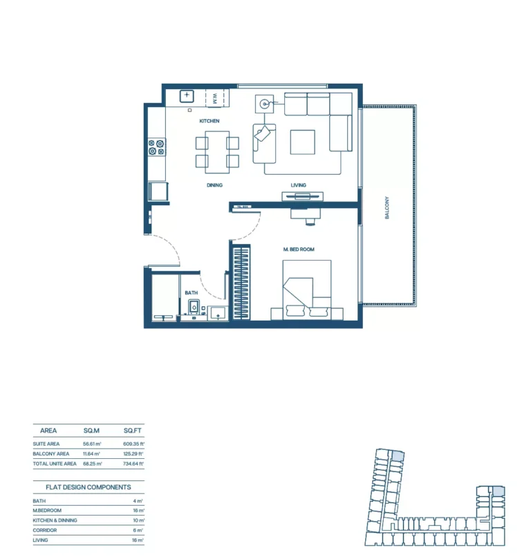 Binghatti Aurora floor plan 1 BR · 734 sqft