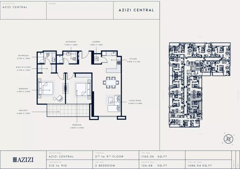 Azizi Central floor plan 2-спальн. · 1286 sqft