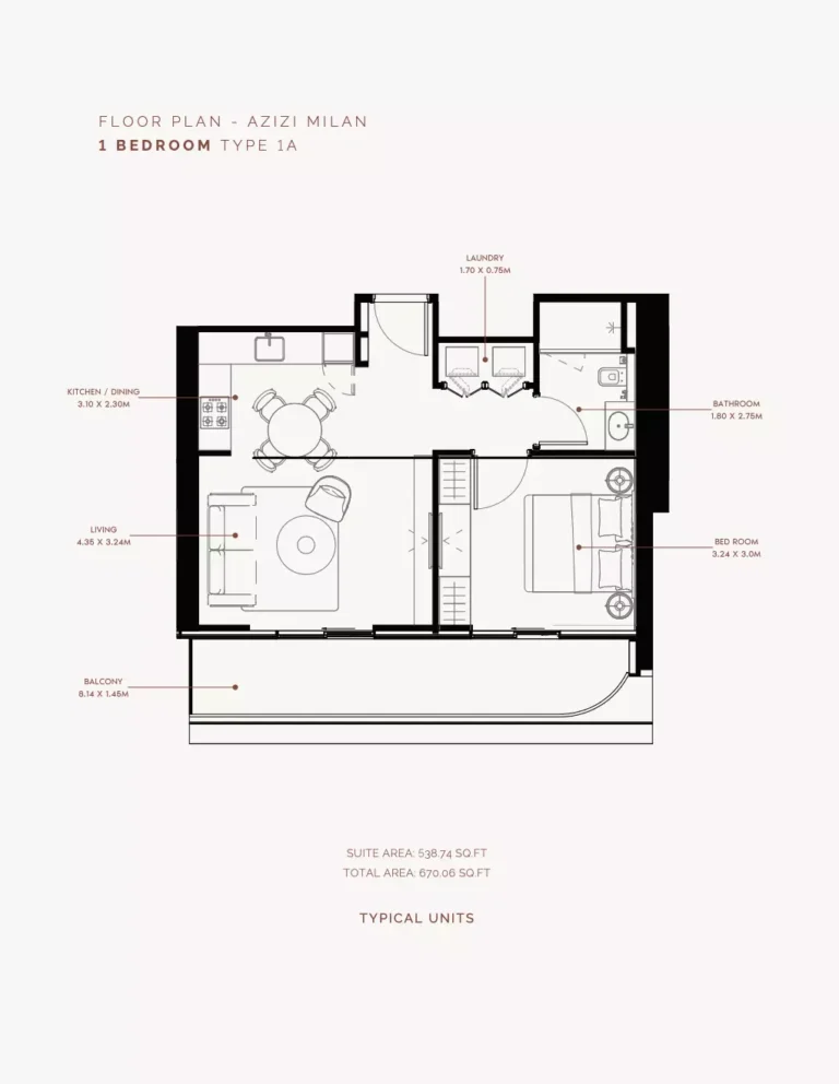 Azizi Milan 30 floor plan 1 BR · 670 sqft