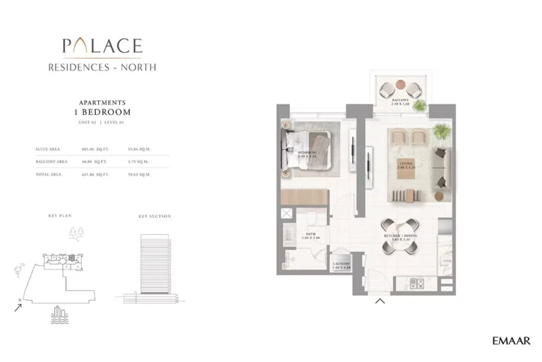Palace Residences North floor plan 1 BR · 641 sqft