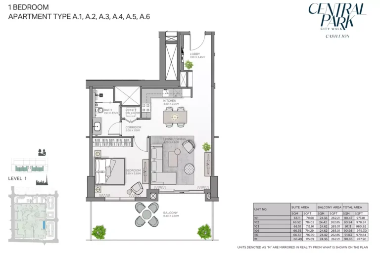 Castleton at Central Park floor plan 1 BR · 980 sqft