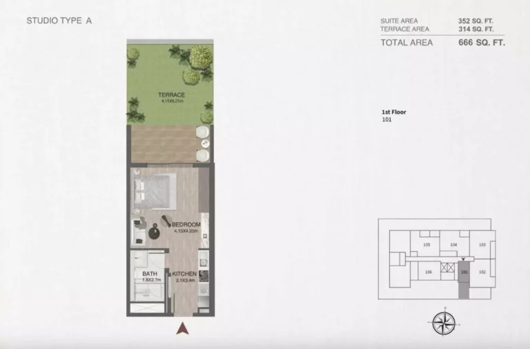 One by Nine floor plan Studio · 666 sqft