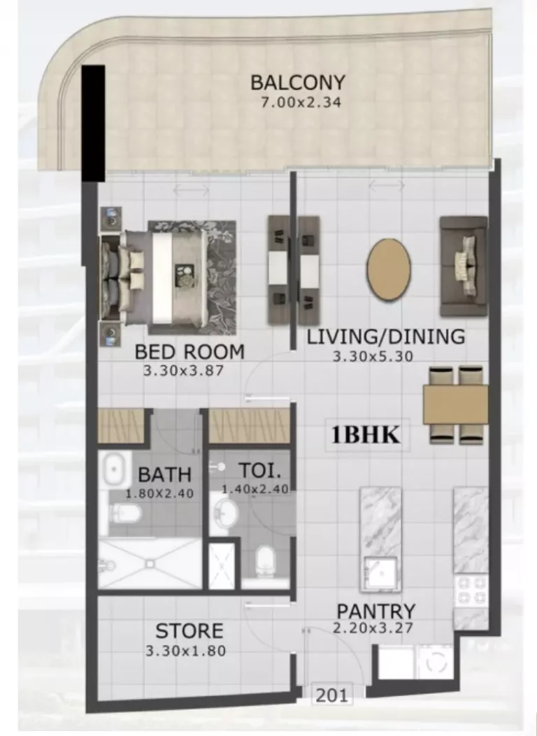 48 Parkside floor plan 1-спальн. · 833 sqft