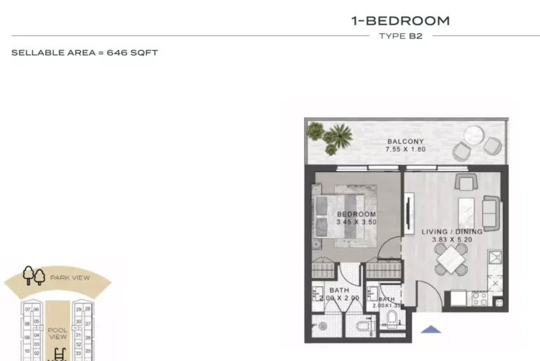 Elo 3 floor plan 1-спальн. · 646 sqft