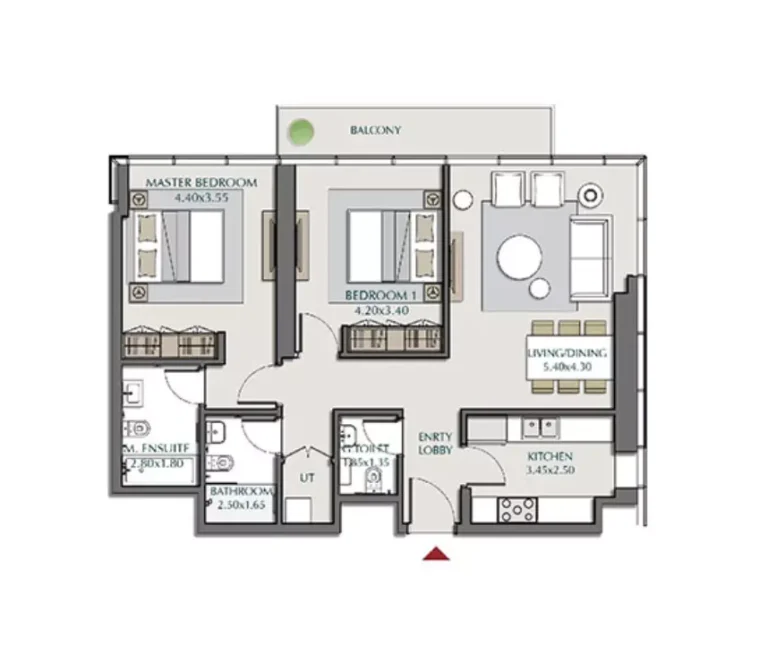 Park Views Residences B floor plan 2 BR · 1138 sqft