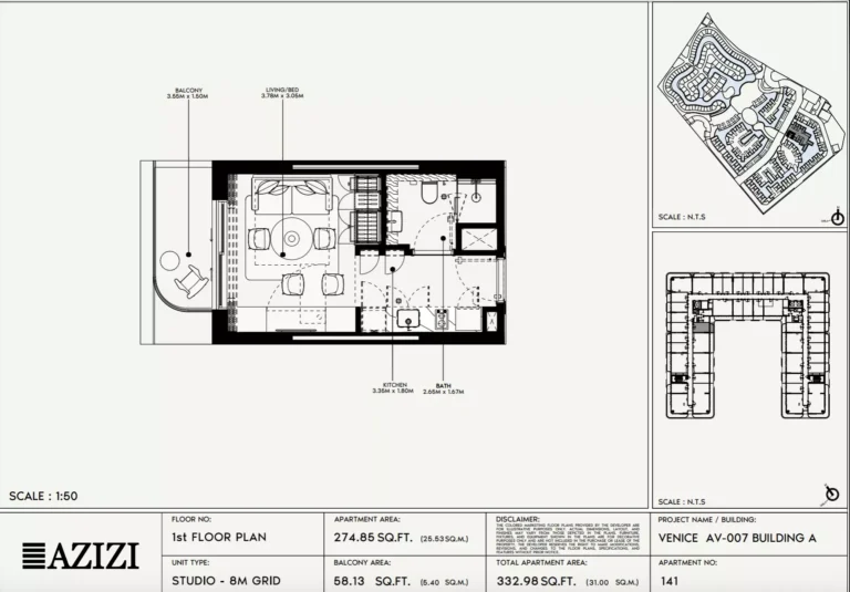 Azizi Venice 7 floor plan Studio · 332 sqft