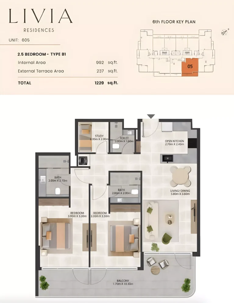 Livia Residence floor plan 3 BR · 1229 sqft