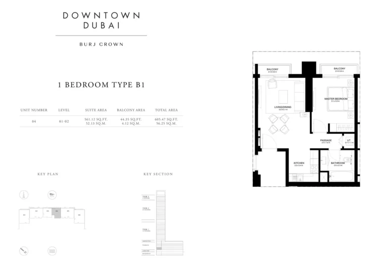 Burj Crown floor plan 1 BR · 605 sqft