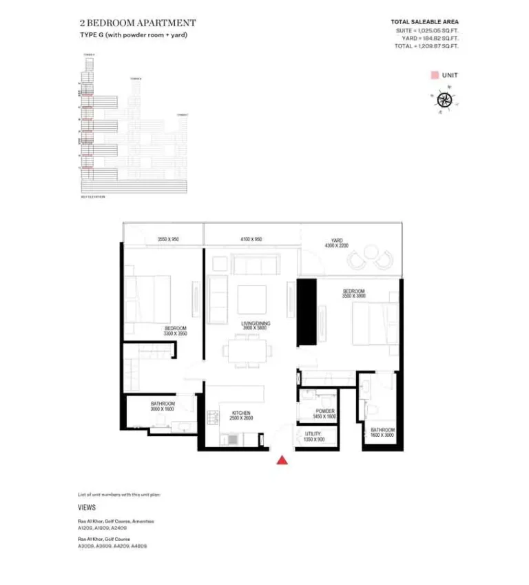 Sobha One floor plan 2 BR · 1209 sqft