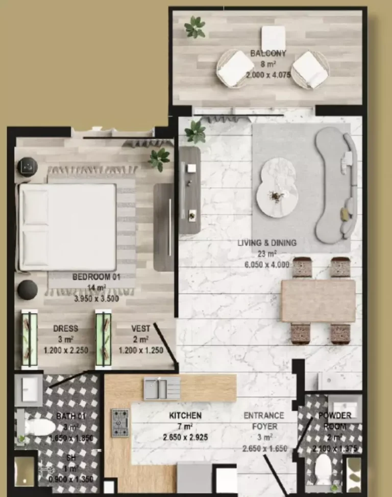 Aura Elegance floor plan 1-спальн. · 787 sqft