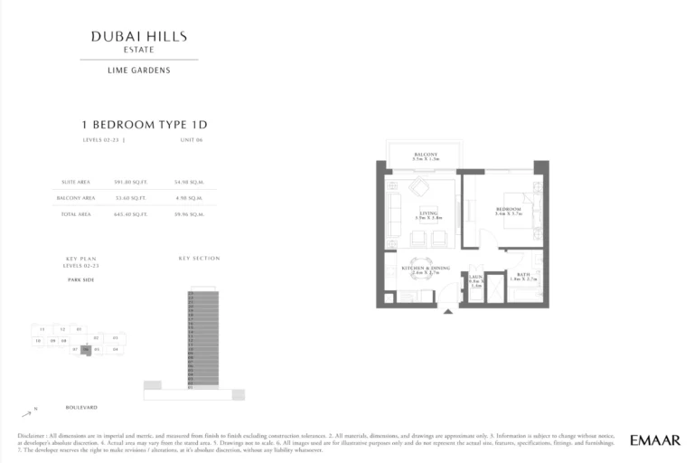 Lime Gardens floor plan 1 BR · 645 sqft