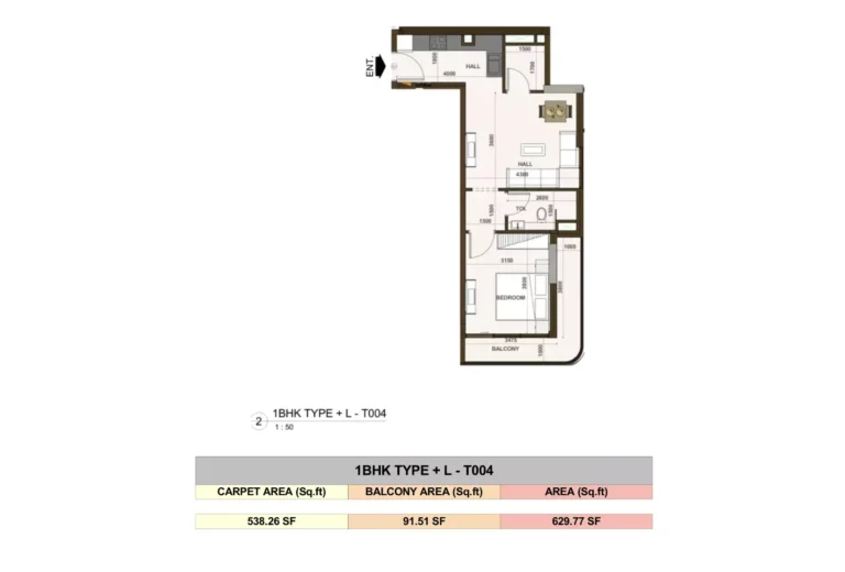 Casa Aura Residence floor plan 1-спальн. · 629 sqft