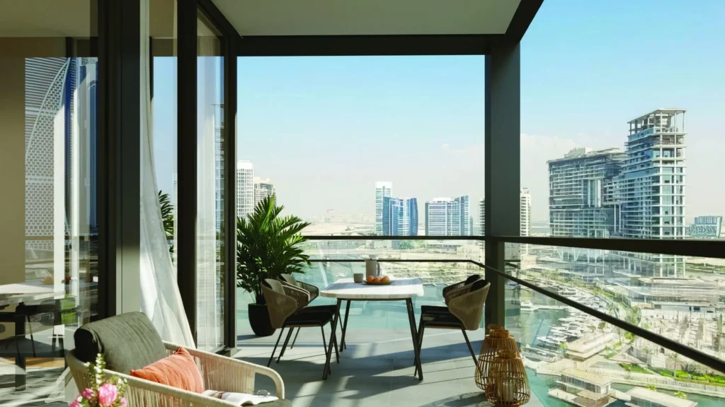 Balcony with city and water view at Crestmark Business Bay Dubai