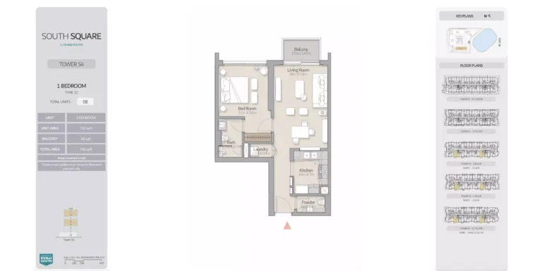 South Square floor plan 1-спальн. · 756 sqft