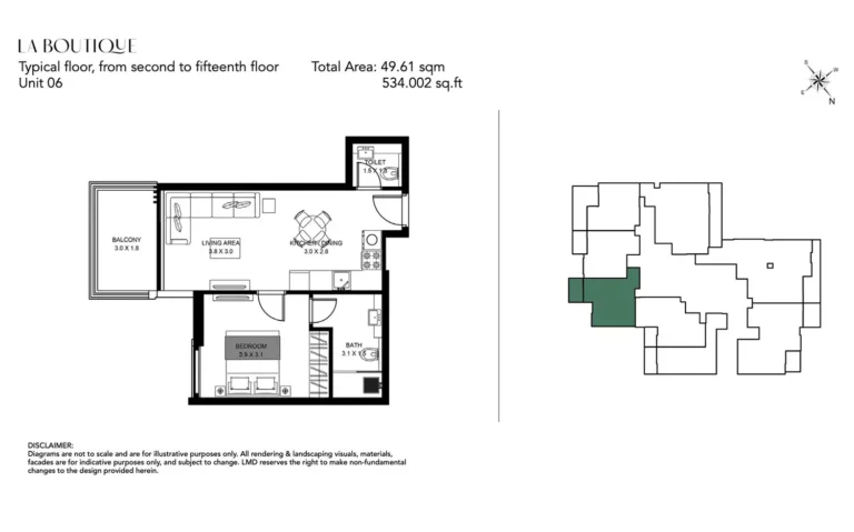 La Boutique by LMD floor plan 1-спальн. · 534 sqft