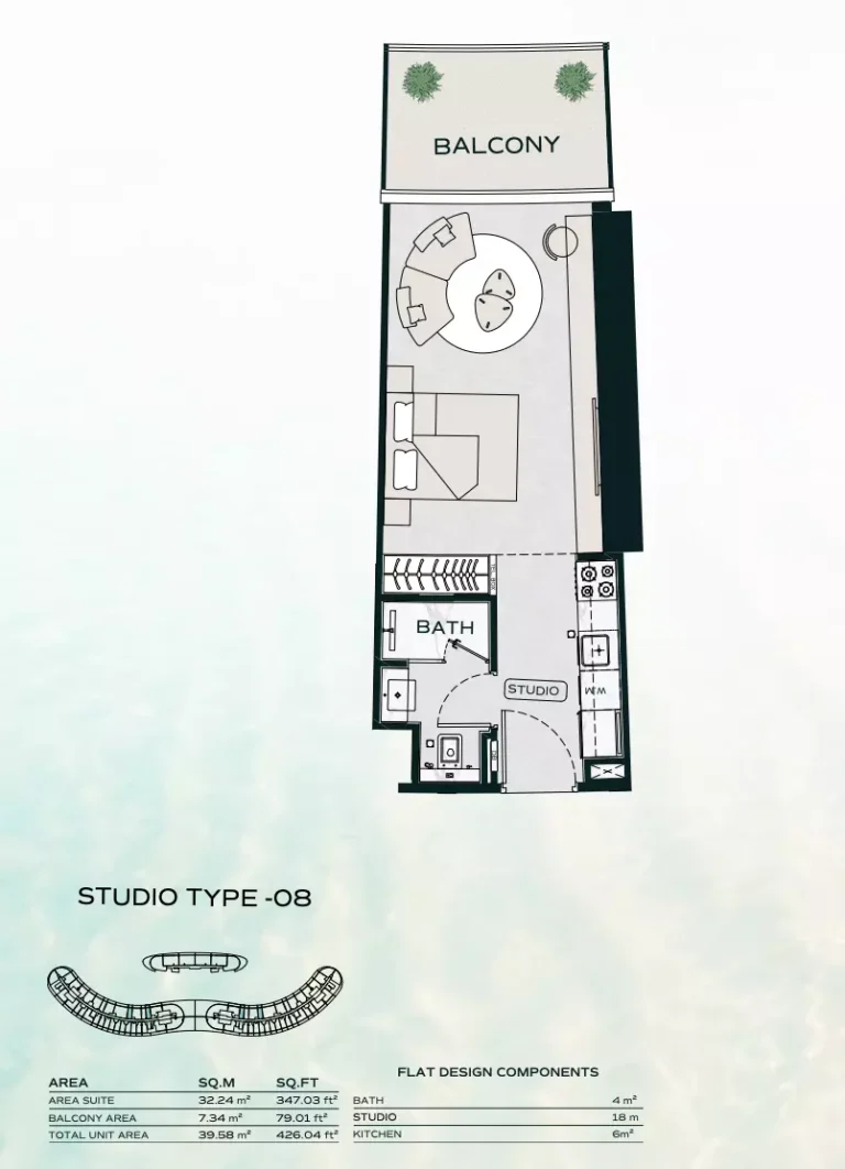 Binghatti Aquarise floor plan Studio · 426 sqft