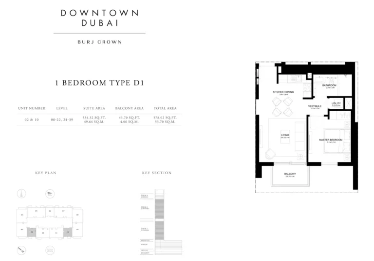 Burj Crown floor plan 1 BR · 578 sqft