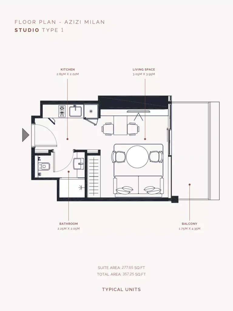 Azizi Milan 51 floor plan Studio · 357 sqft