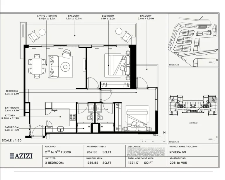 Azizi Riviera 53 floor plan 2 BR · 1221 sqft