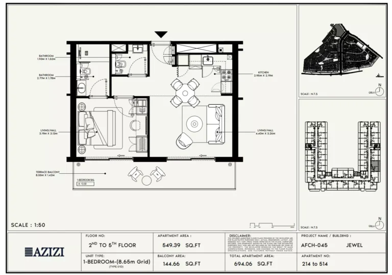 Azizi Jewel floor plan 1-спальн. · 694 sqft