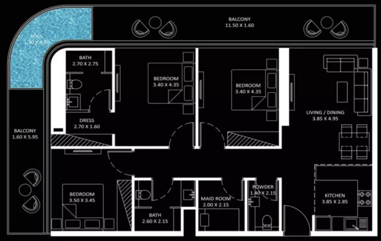Bayz 101 floor plan 3 BR · 1492 sqft