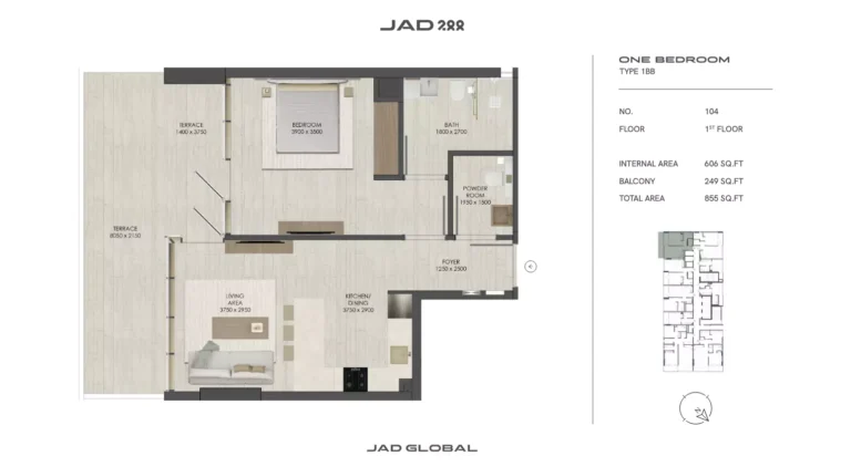 JAD 288 floor plan 1 BR · 855 sqft