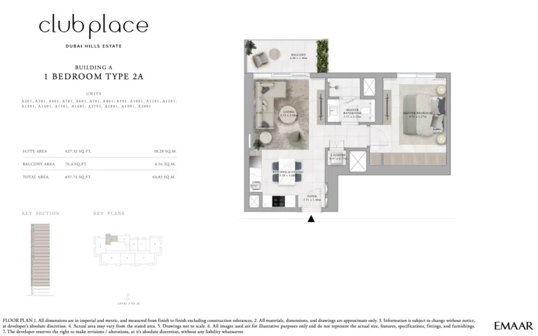 Club Place floor plan 1-спальн. · 697 sqft
