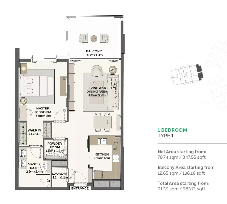 Sidr Residences floor plan 1 BR · 983 sqft