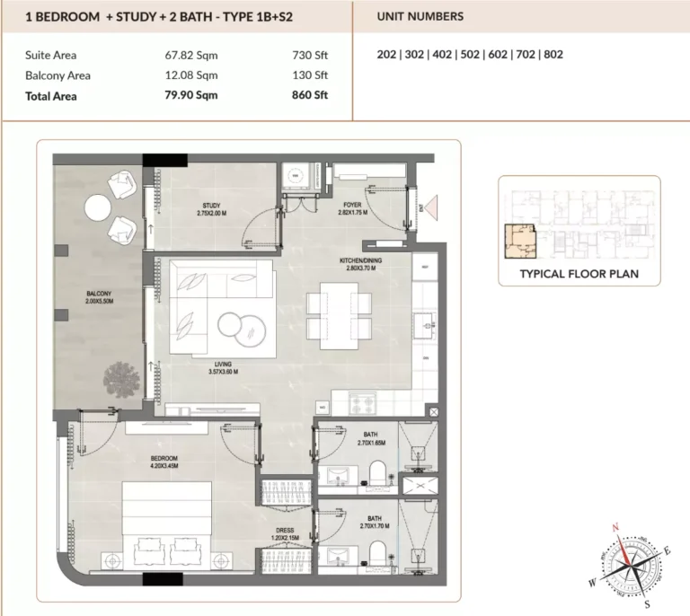 ENSO Amber floor plan 1-спальн. · 860 sqft
