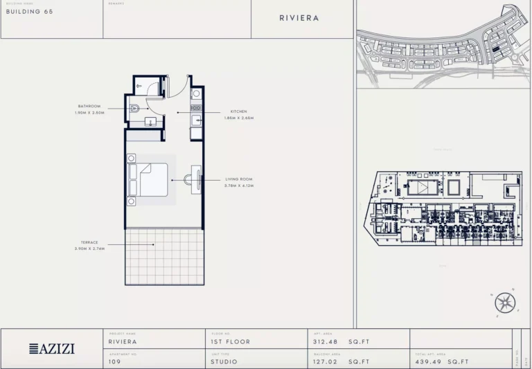 Azizi Riviera 65 floor plan Студия · 439 sqft