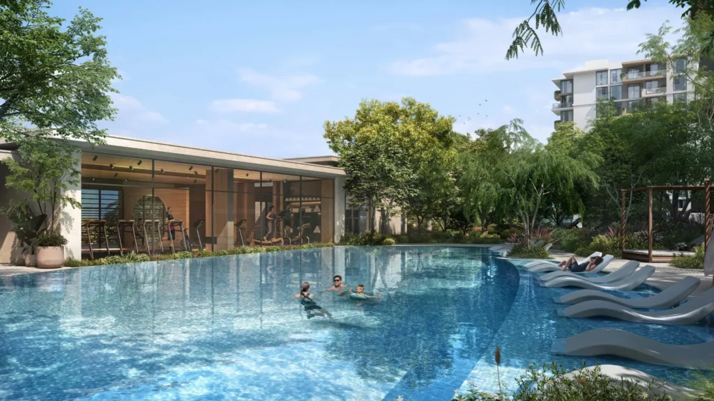 Swimming pool and outdoor lounge at Ghaf Woods DubaiLand Dubai