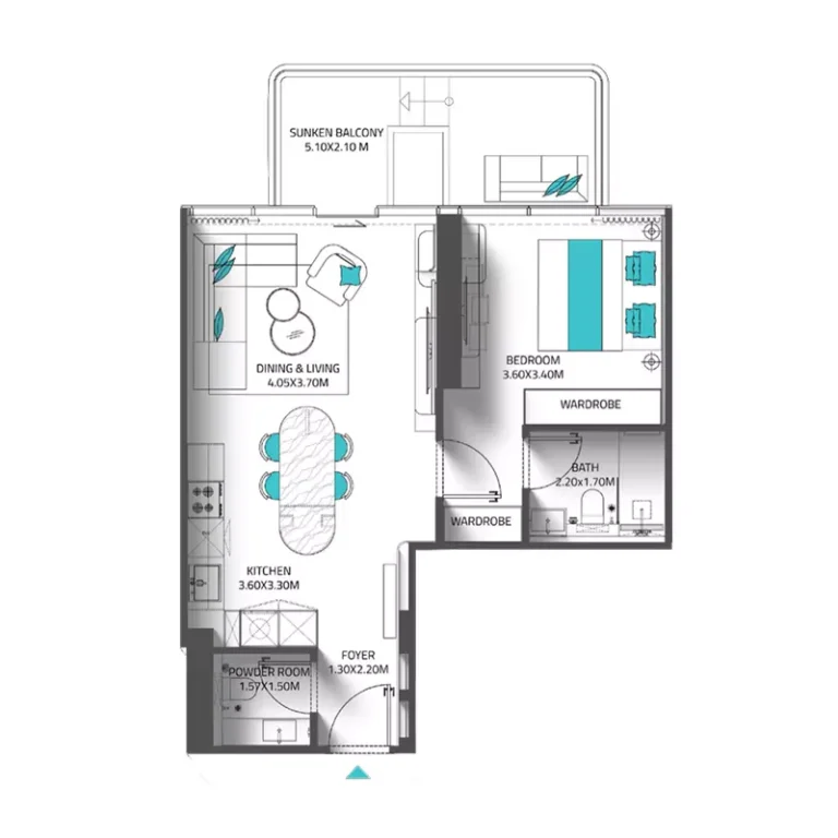 Reef 998 floor plan 1-спальн. · 623 sqft