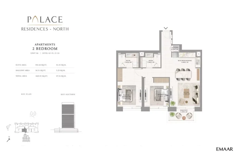 Palace Residences North floor plan 2 BR · 1049 sqft