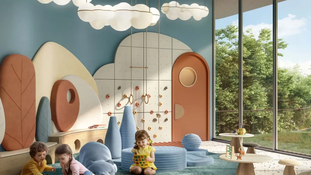 Children playing in playroom with climbing wall Ghaf Woods DubaiLand Dubai