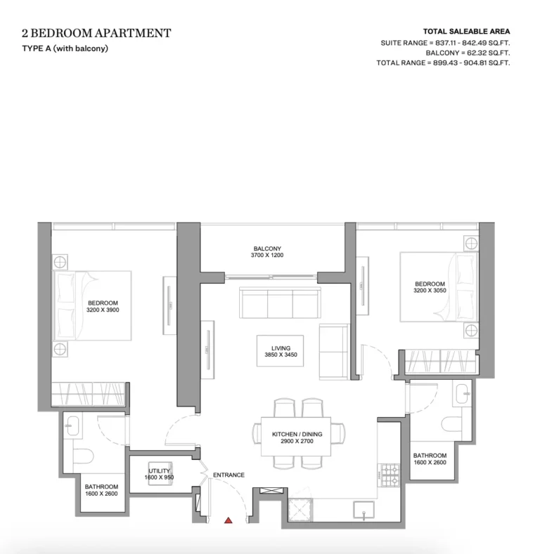 Skyvue Stellar floor plan 2-спальн. · 899 sqft