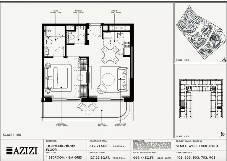 Azizi Venice 7 floor plan 1 BR · 669 sqft
