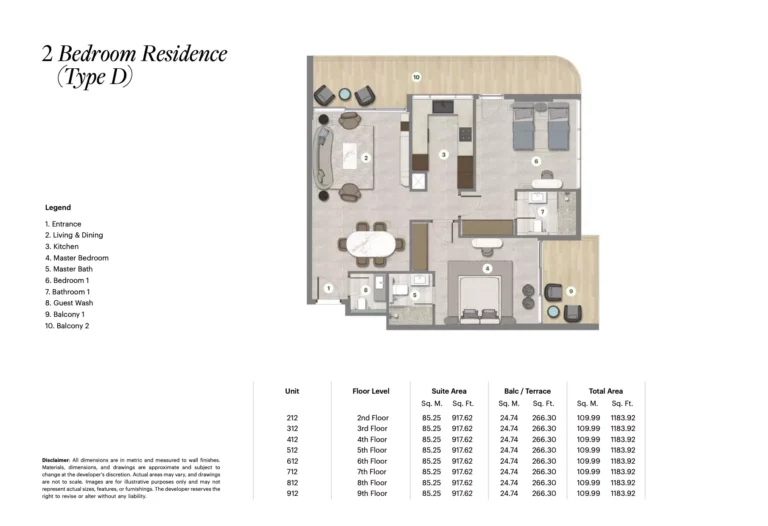 Parkgreen Residences floor plan 2-спальн. · 1183 sqft