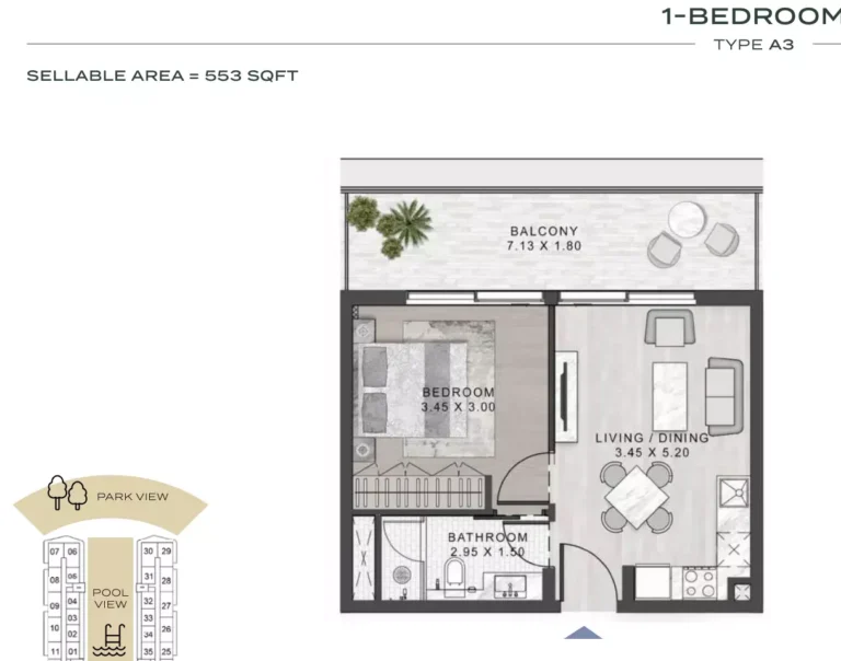 Elo 3 floor plan 1-спальн. · 553 sqft