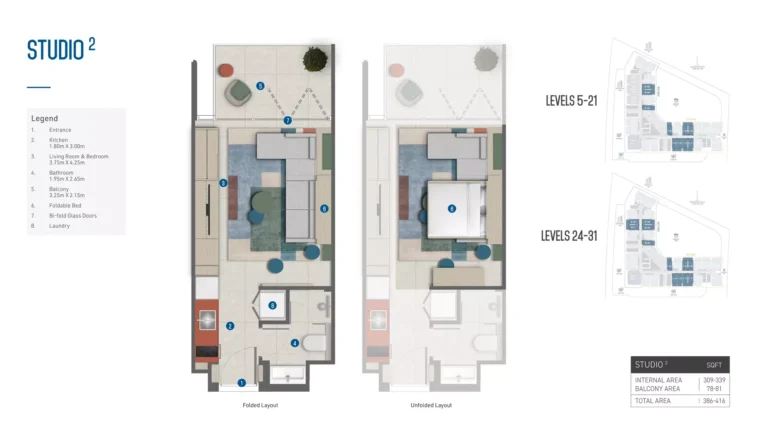 Rove Home Marasi Drive floor plan Студия · 416 кв. фут