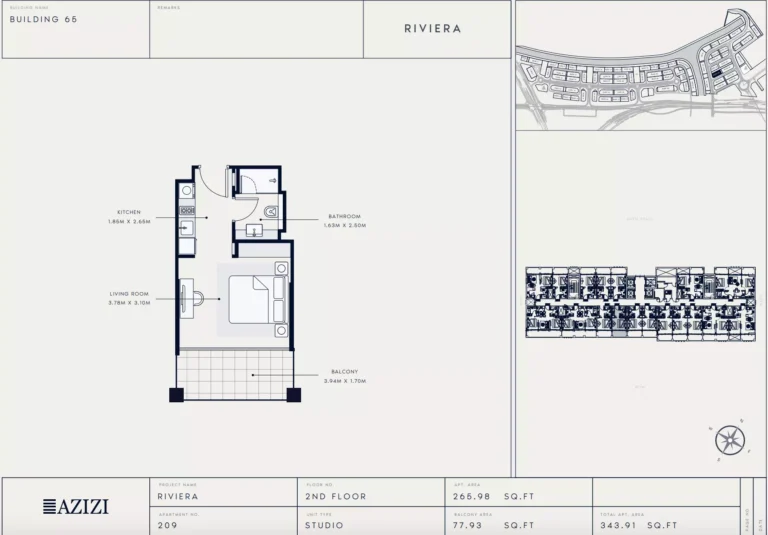 Azizi Riviera 65 floor plan Студия · 343 sqft