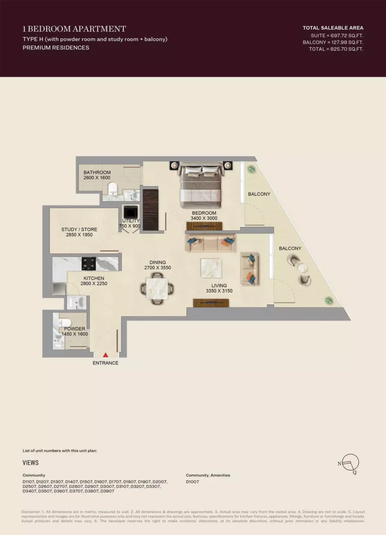 SkyVue Altier floor plan 1 BR · 825 sqft